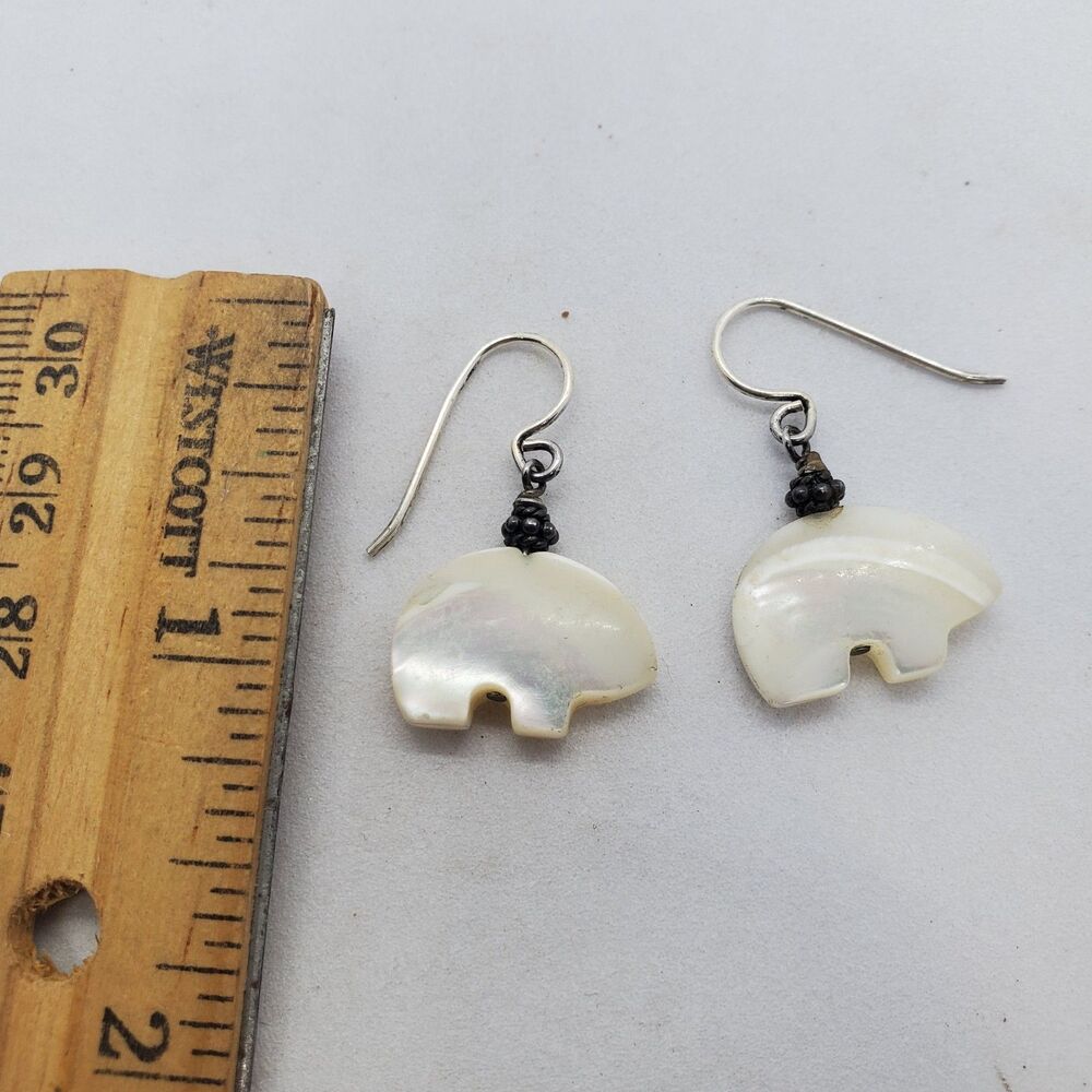 Sterling Silver and Mother of Pearl Bear Dangle Earrings 925